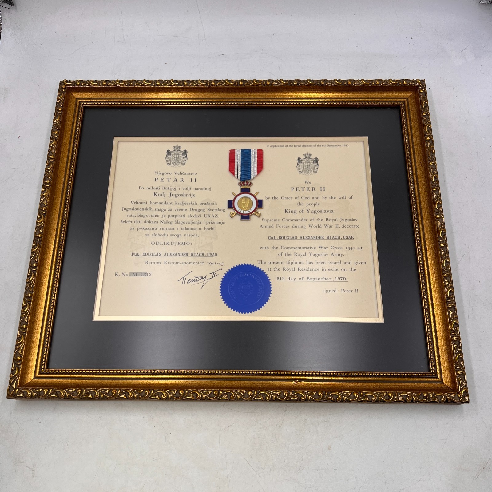 Vintage WWII Yugoslavia Serbia War Cross Medal & Diploma SIGNED PETAR II FRAMED