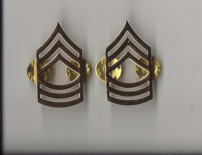 Pair of Metal Master Sergeant SGT Rank Insignia badges Brass gold colored