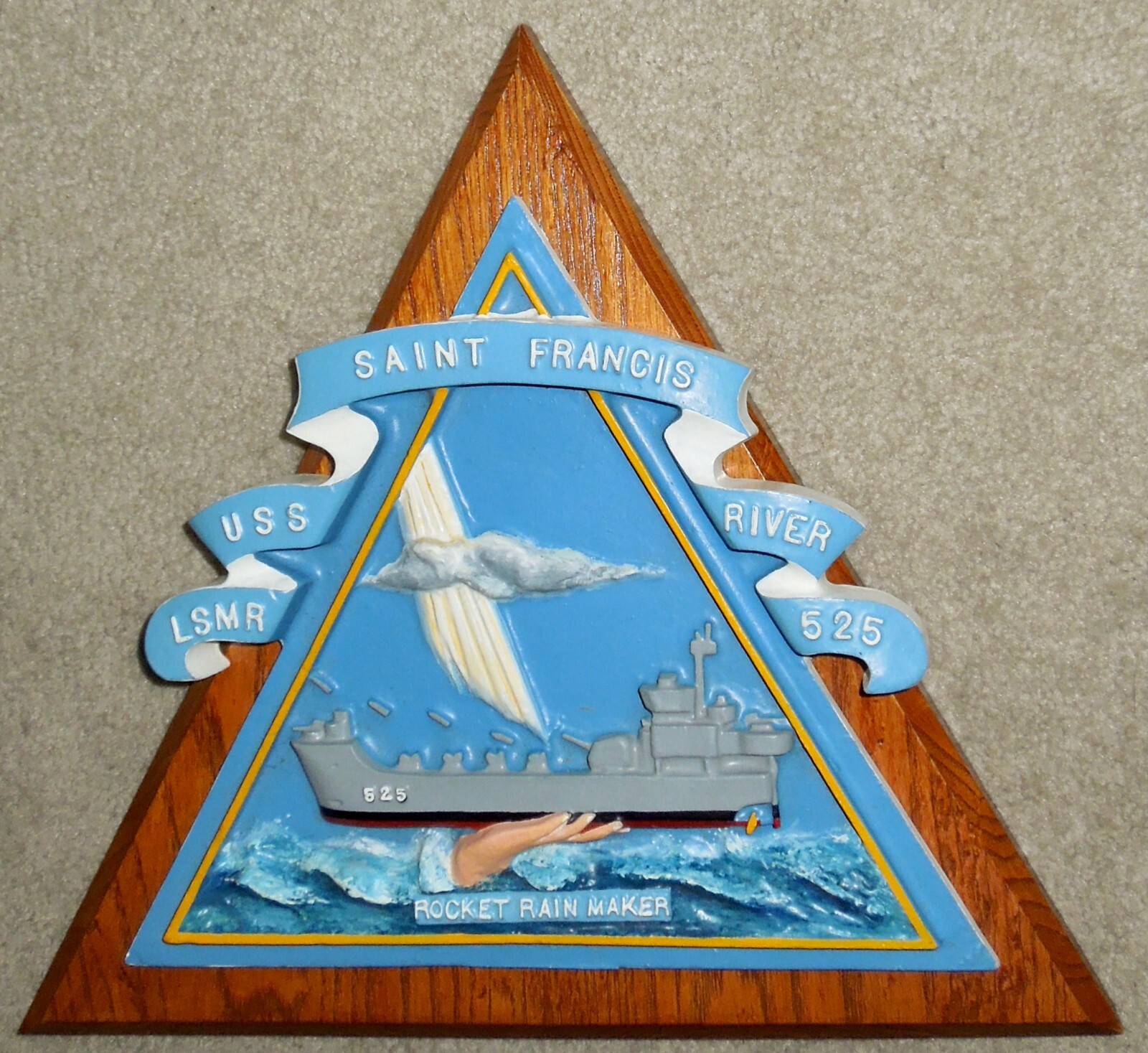 USS St. Francis River LSMR-525 Hand-painted Metal Plaque on Triangular Wood Base