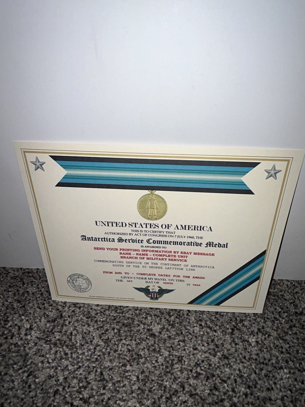 ANTARCTICA SERVICE MEDAL COMMEMORATIVE CERTIFICATE ~ W/PRINTING TYPE-1