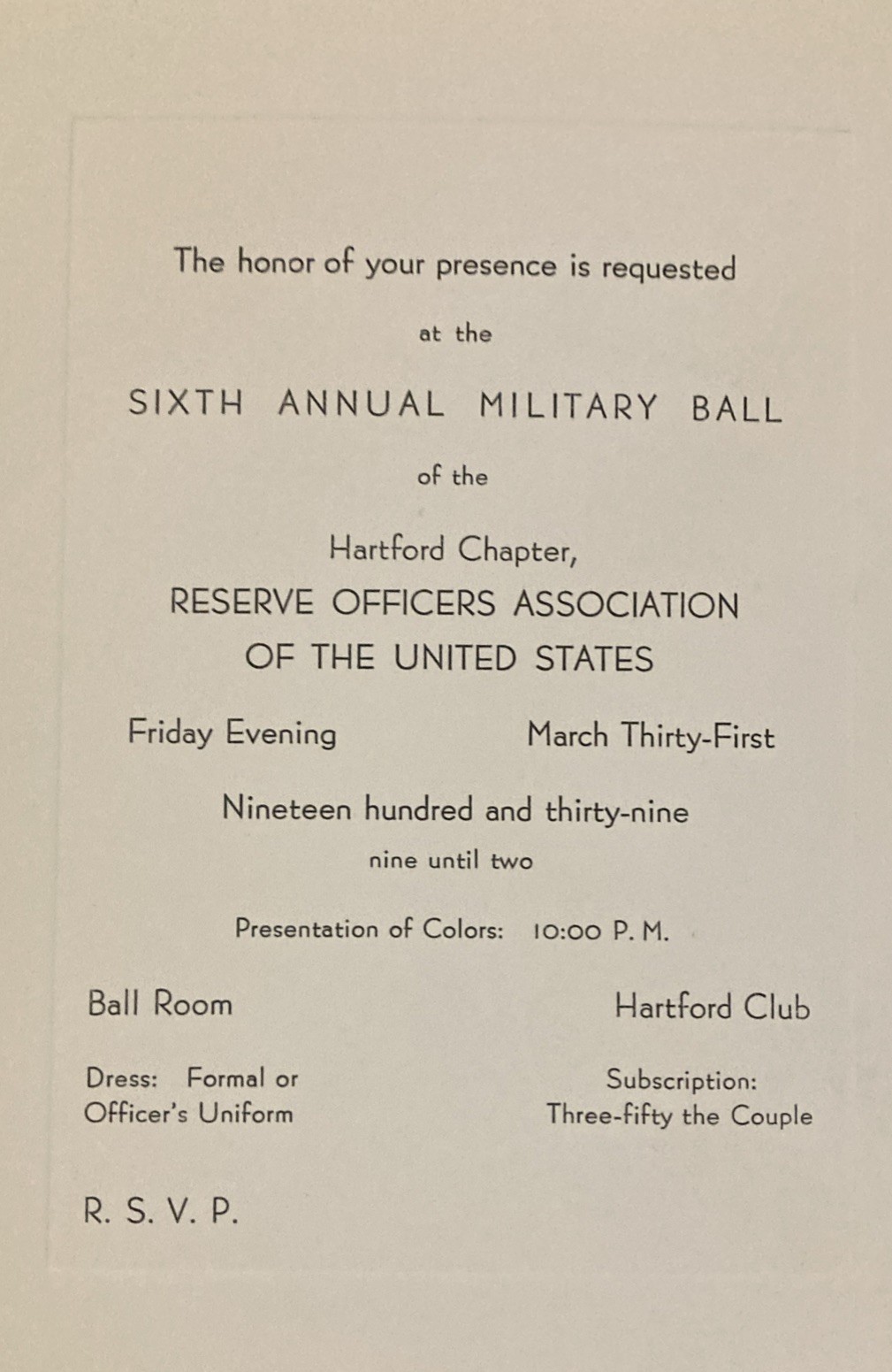 1939 Military Ball Invitation Reserve Officers Assoc. Of The United States Conn