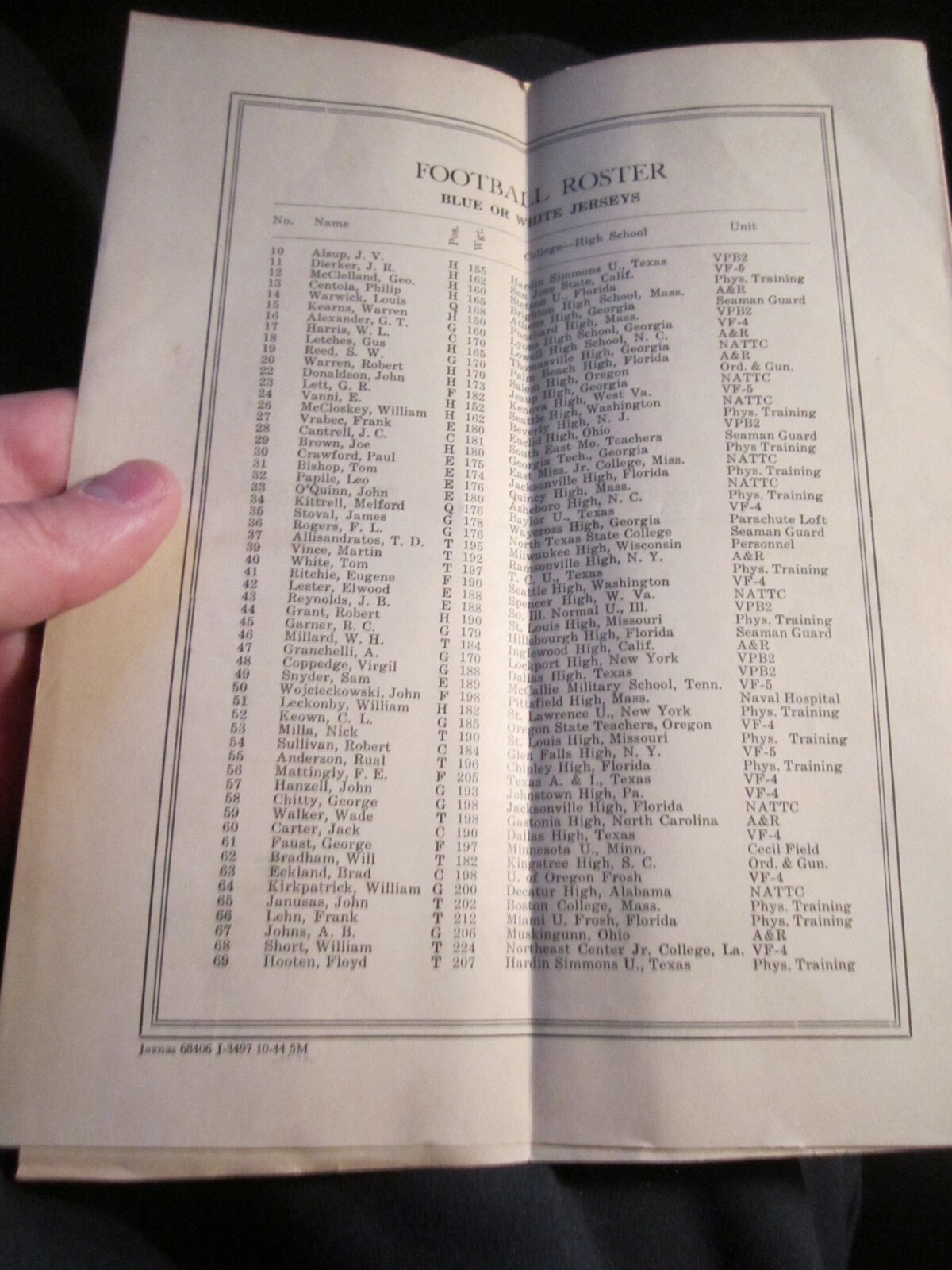 1944 U.S. NAVAL AIR STATION VS CHERRY POINT MARINES FOOTBALL PROGRAM BBA50
