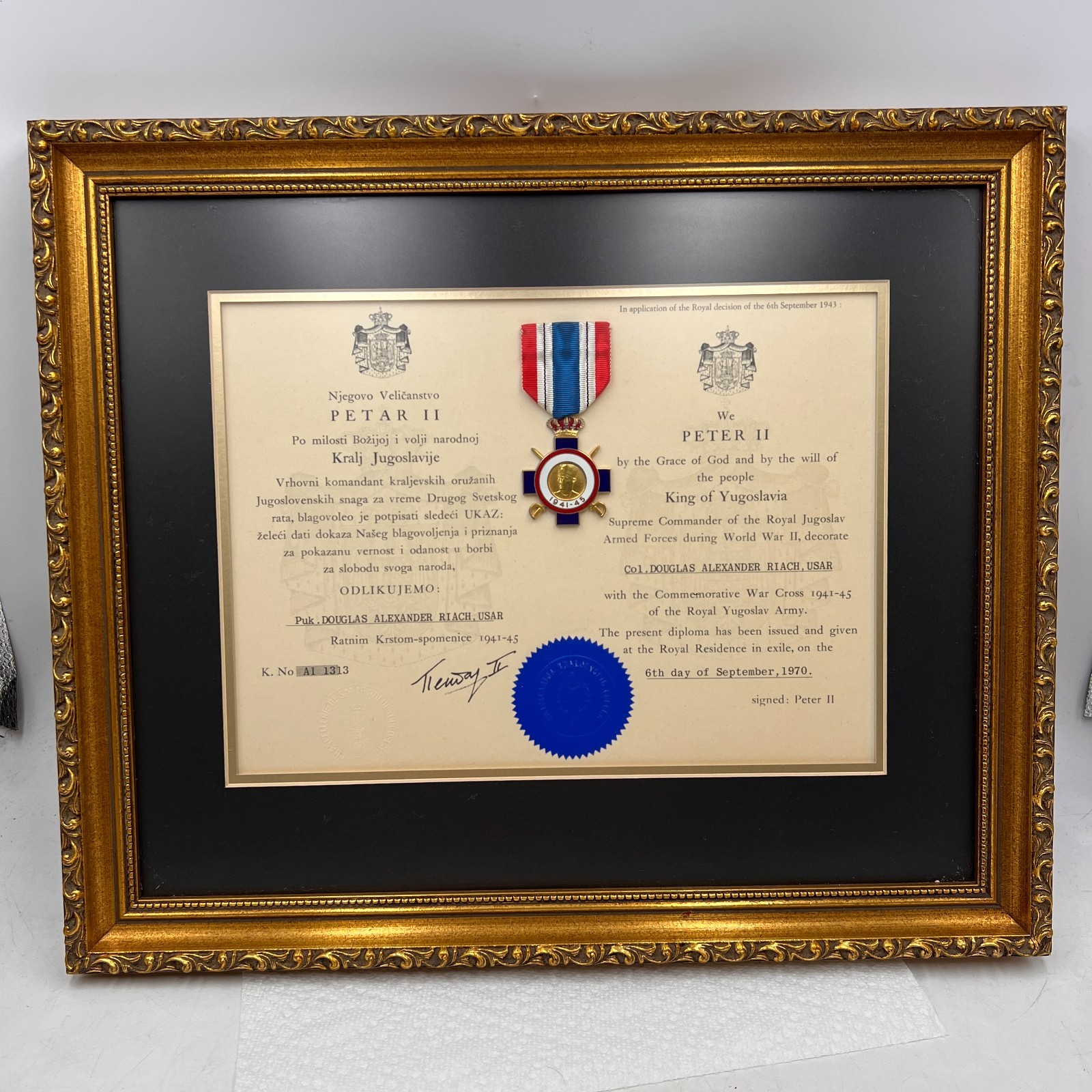 Vintage WWII Yugoslavia Serbia War Cross Medal & Diploma SIGNED PETAR II FRAMED
