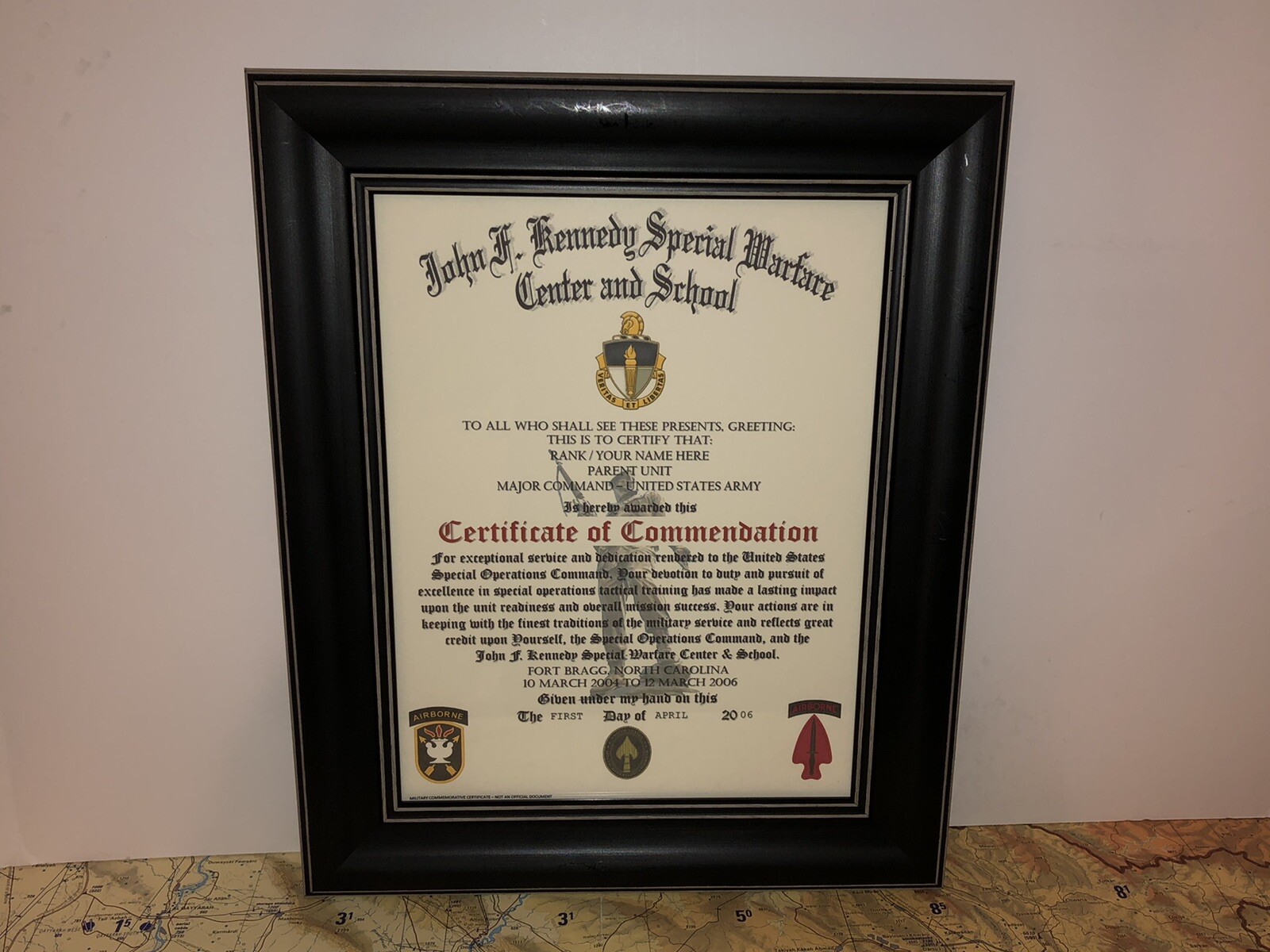 J.F.K. / SPECIAL FORCES/WARFARE ~ CERTIFICATE OF COMMENDATION (COMMEMORATIVE)