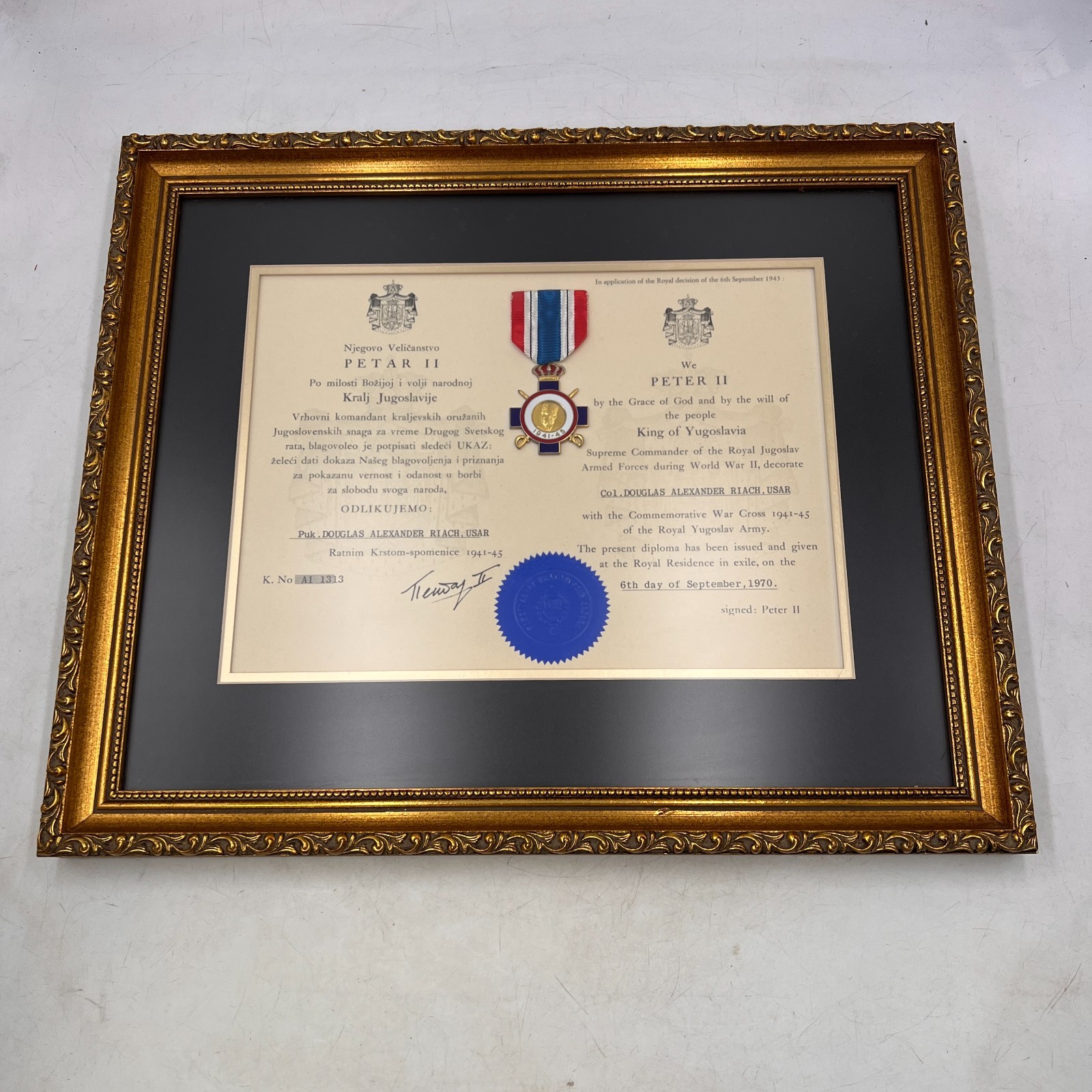 Vintage WWII Yugoslavia Serbia War Cross Medal & Diploma SIGNED PETAR II FRAMED