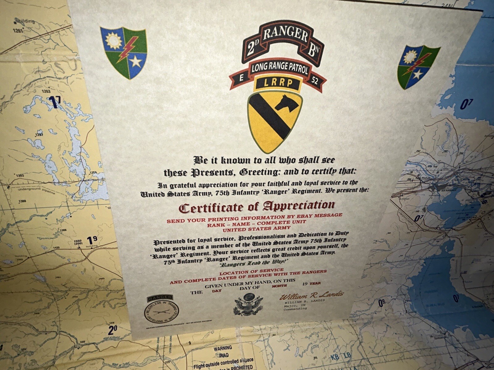 U.S. ARMY 75 RANGERS – 2BN E-52 LRRP – 1ST CAV DIV / CERTIFICATE OF APPRECIATION