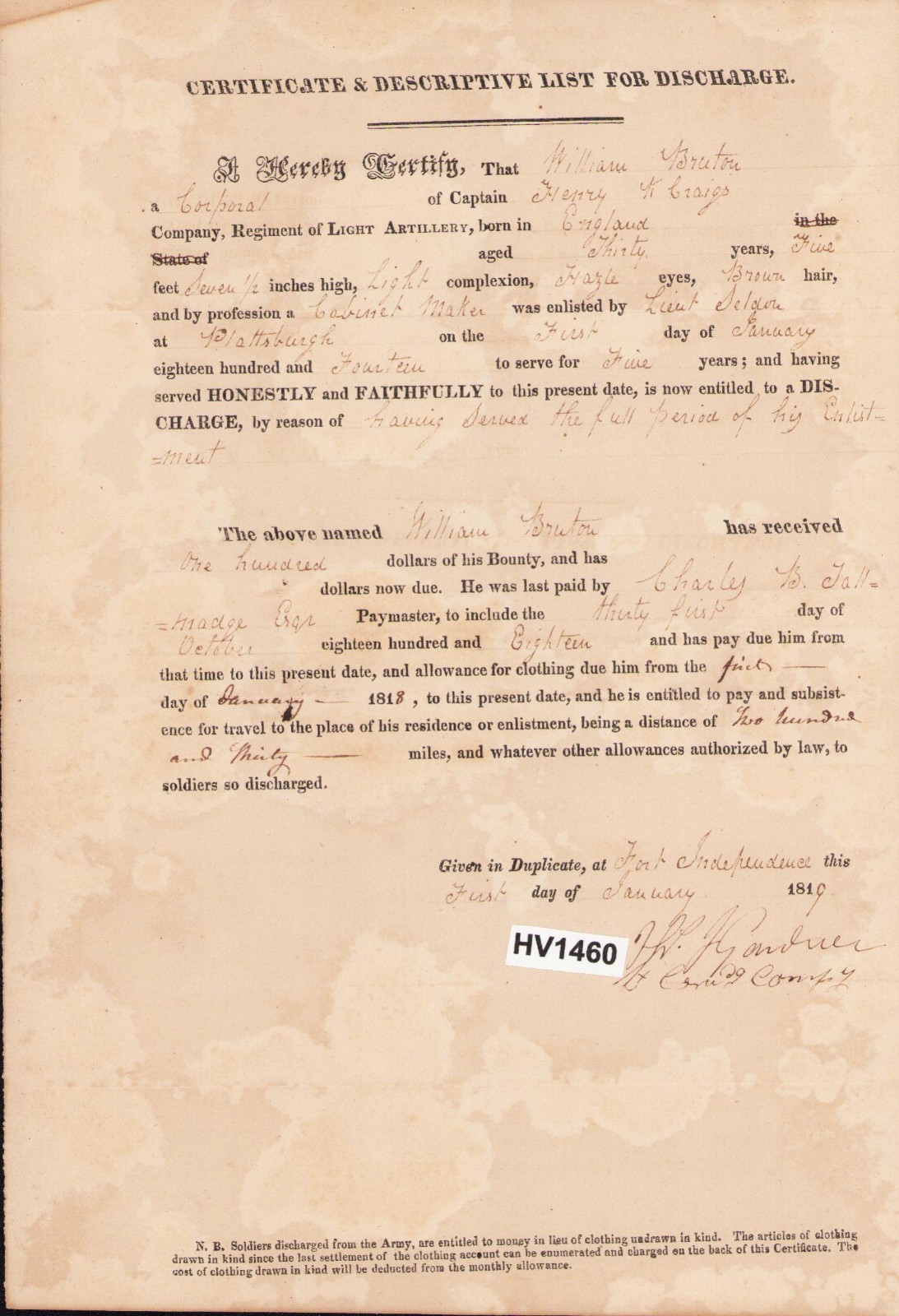 Antique US Army 1814 – 1819 Discharge Paper Light Artillery Fort Independence