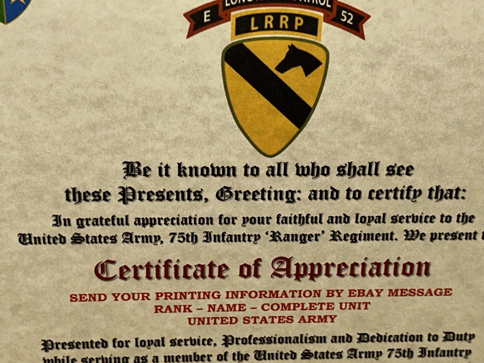 U.S. ARMY 75 RANGERS – 2BN E-52 LRRP – 1ST CAV DIV / CERTIFICATE OF APPRECIATION