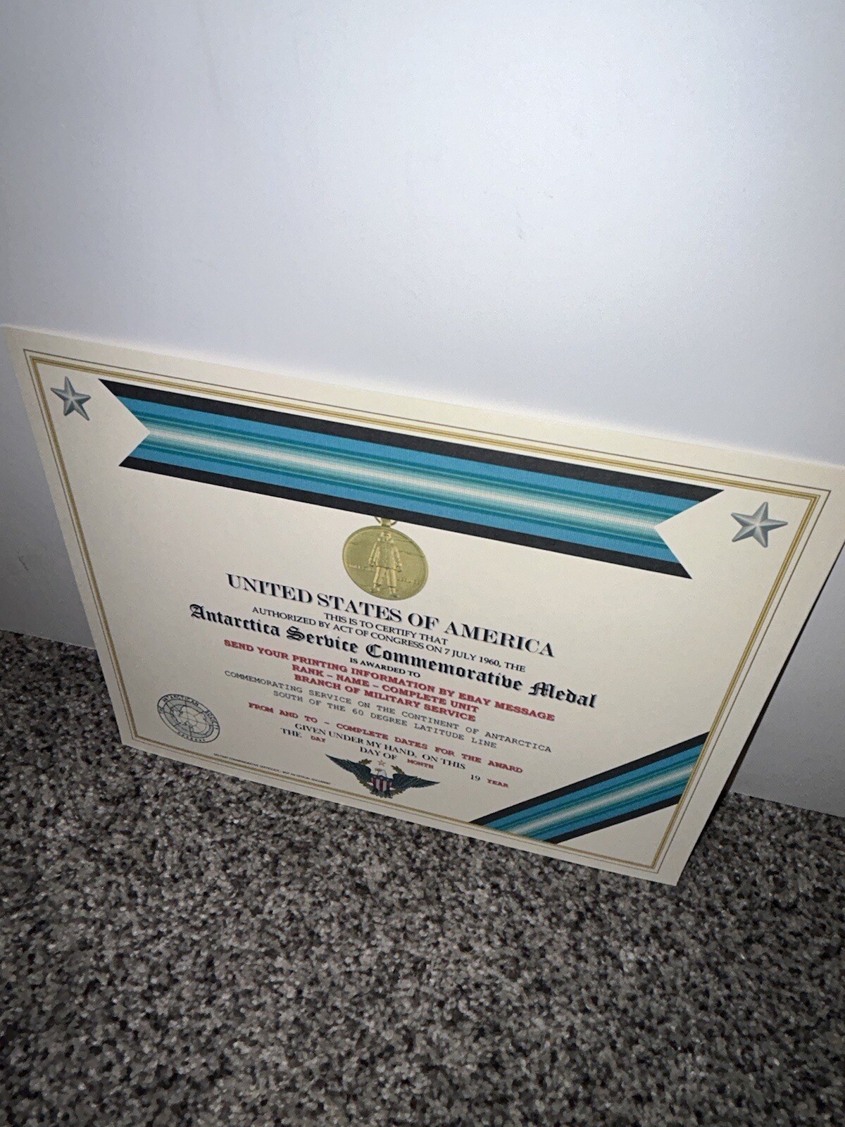 ANTARCTICA SERVICE MEDAL COMMEMORATIVE CERTIFICATE ~ W/PRINTING TYPE-1