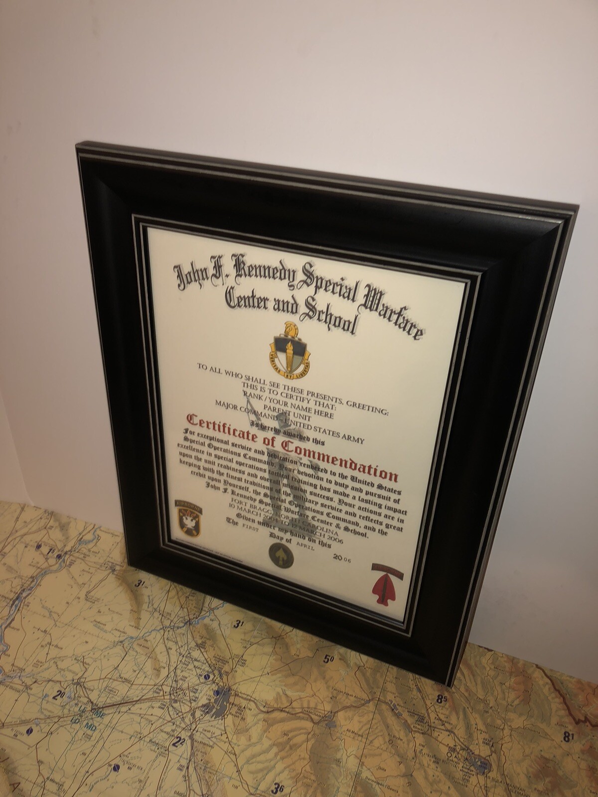 J.F.K. / SPECIAL FORCES/WARFARE ~ CERTIFICATE OF COMMENDATION (COMMEMORATIVE)
