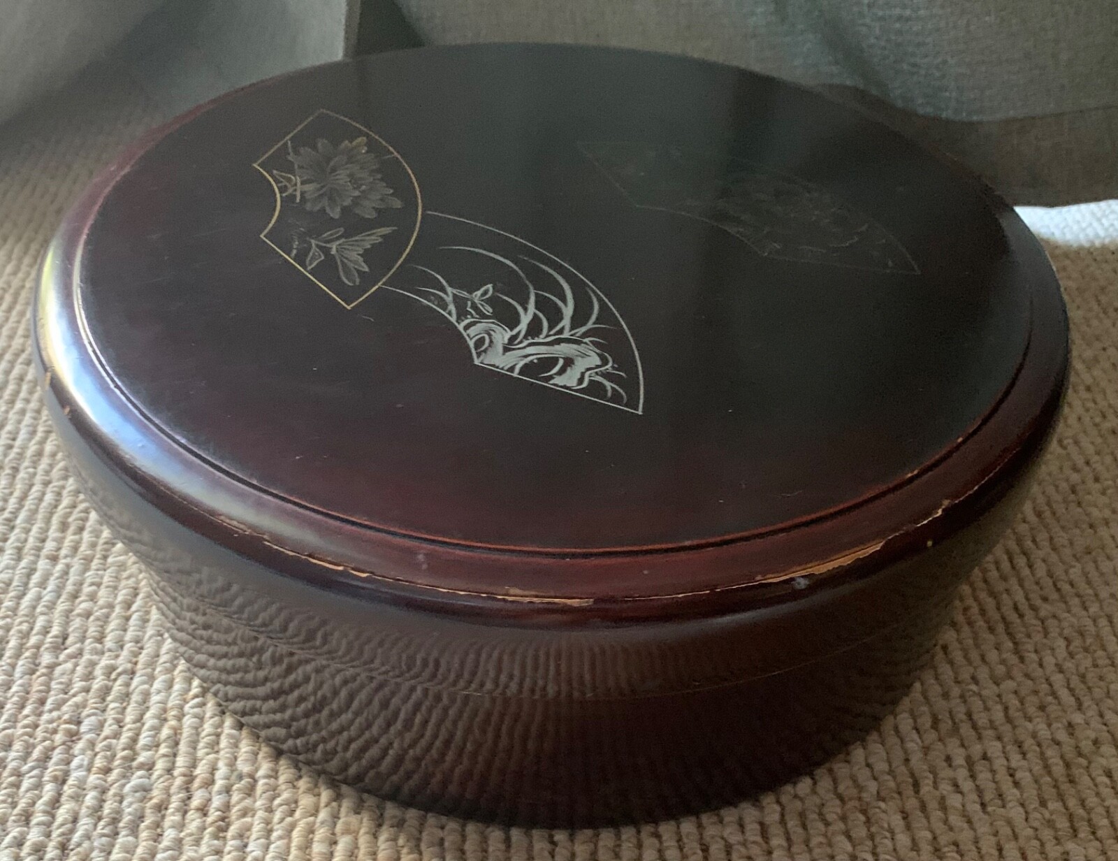 Vintage Wood Hand Painted Flowers Keepsake Round Box, Camp Hakata, Japan 1950’s
