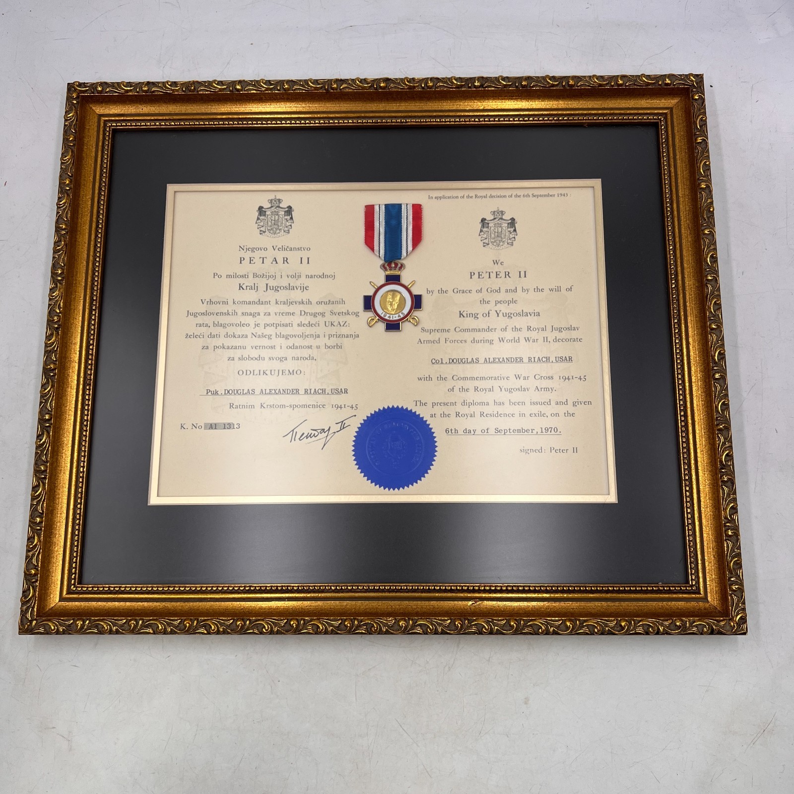 Vintage WWII Yugoslavia Serbia War Cross Medal & Diploma SIGNED PETAR II FRAMED