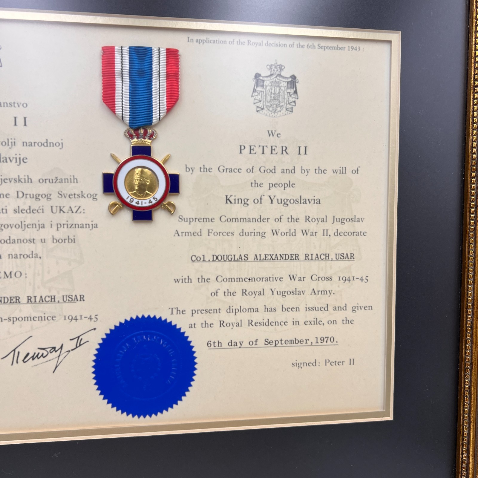 Vintage WWII Yugoslavia Serbia War Cross Medal & Diploma SIGNED PETAR II FRAMED