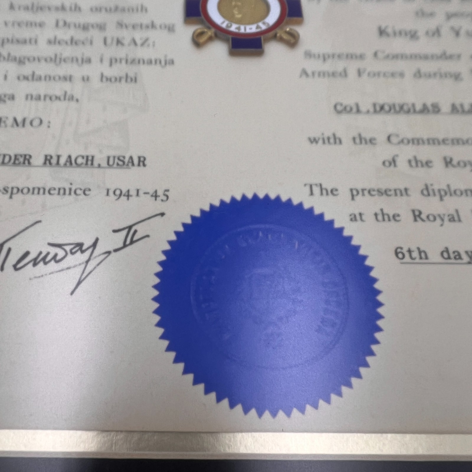 Vintage WWII Yugoslavia Serbia War Cross Medal & Diploma SIGNED PETAR II FRAMED