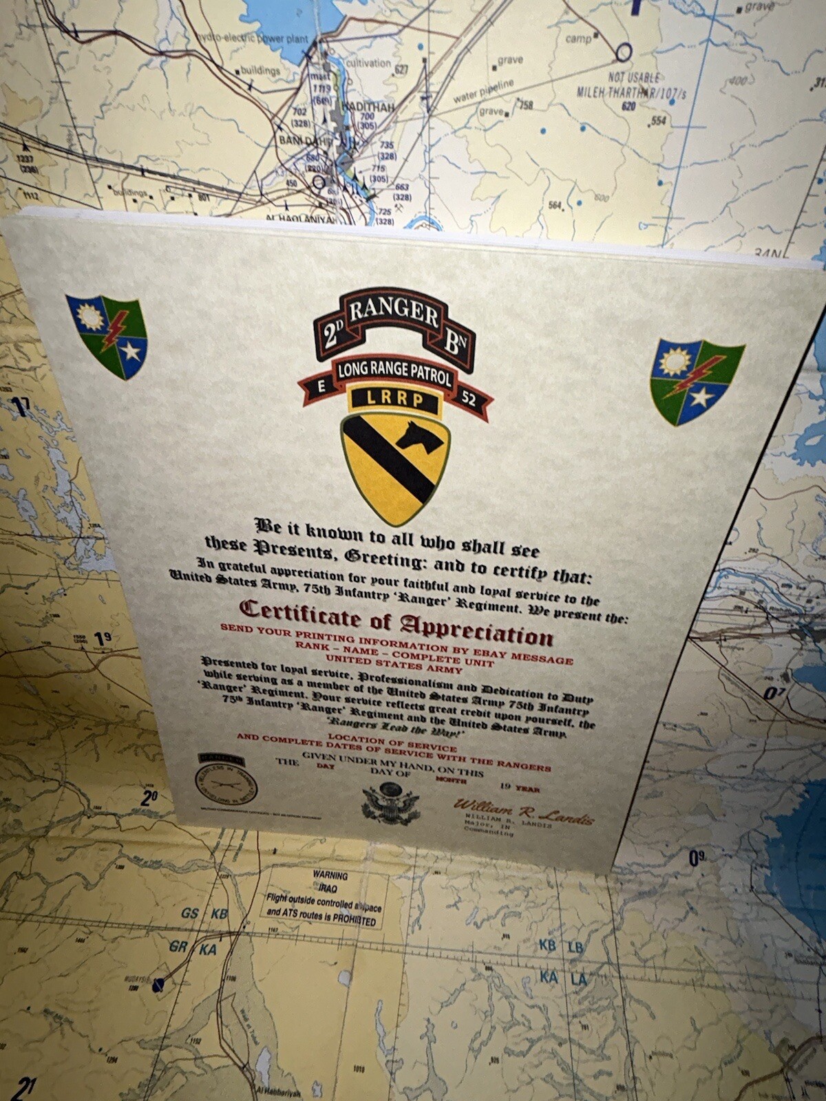 U.S. ARMY 75 RANGERS – 2BN E-52 LRRP – 1ST CAV DIV / CERTIFICATE OF APPRECIATION