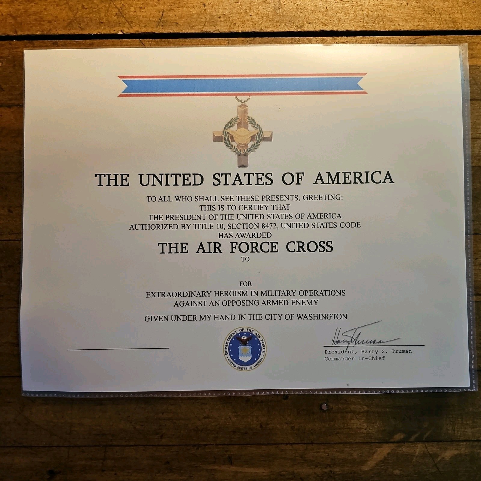 THE US AIR FORCE Medal COMMEMORATIVE Plaque CERTIFICATE ☆8½ x 11 ☆USA