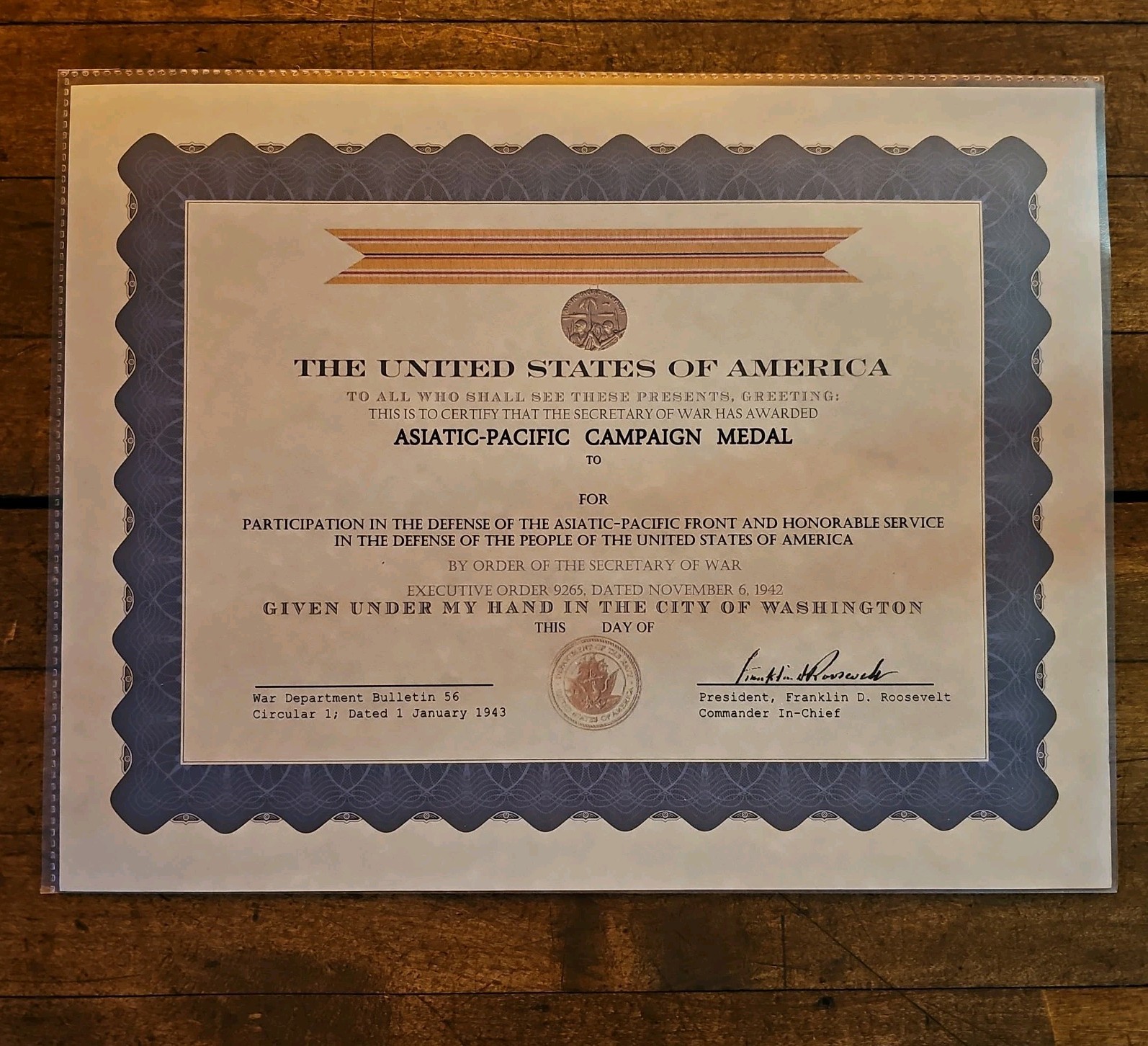 Military ASIA-PACIFIC CAMPAIGN Medal COMMEMORATIVE Plaque CERTIFICATE ☆8½x11 ☆US