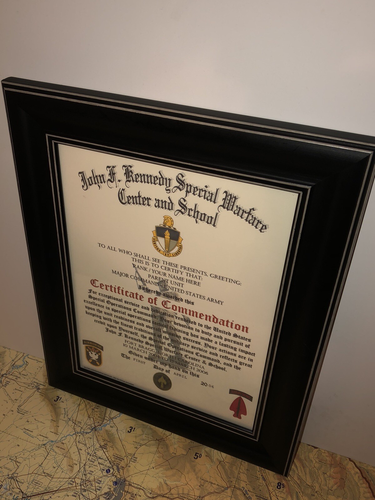 J.F.K. / SPECIAL FORCES/WARFARE ~ CERTIFICATE OF COMMENDATION (COMMEMORATIVE)