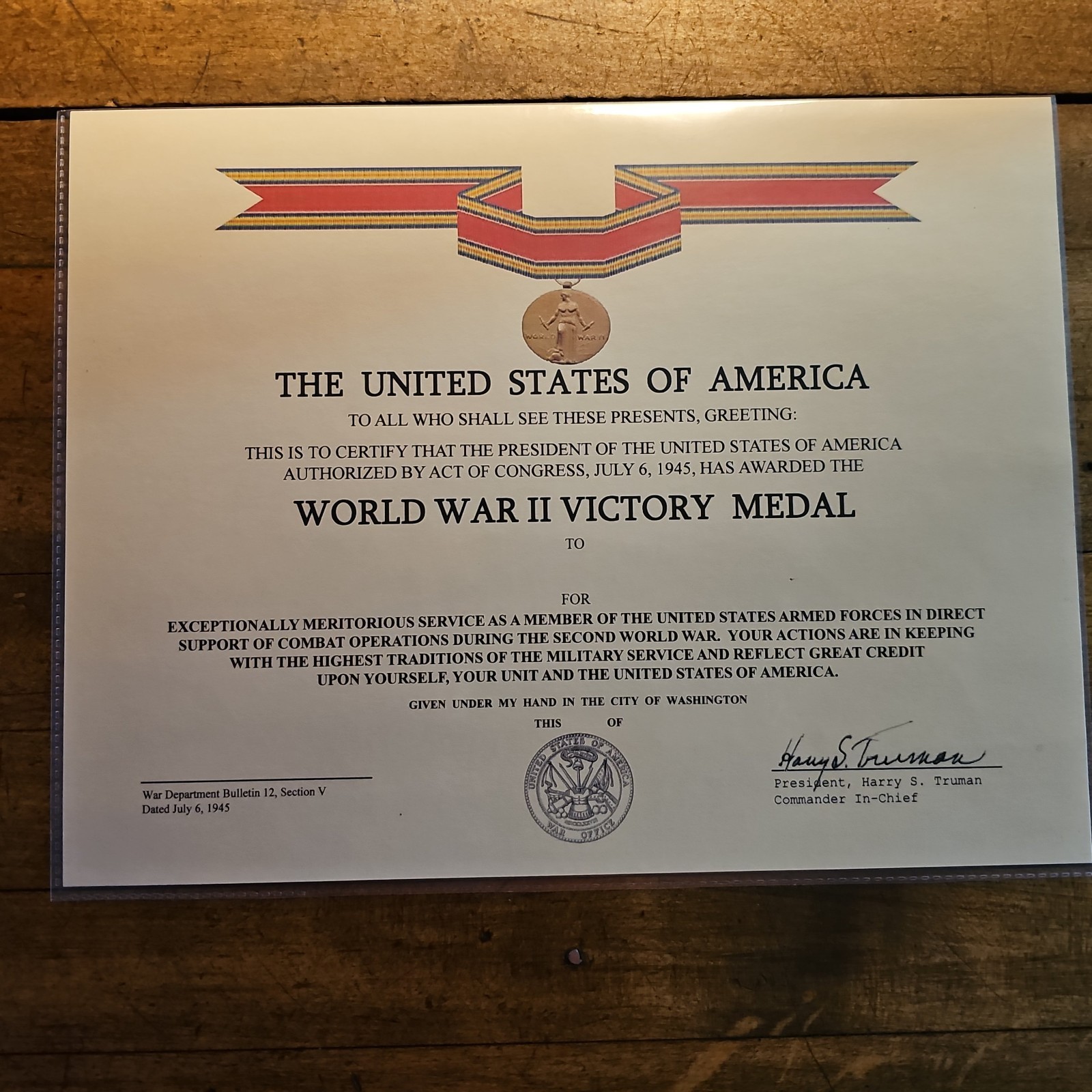WW2 – World War II VICTORY Medal ☆ TRUMAN COMMEMORATIVE Plaque CERTIFICATE ☆USA