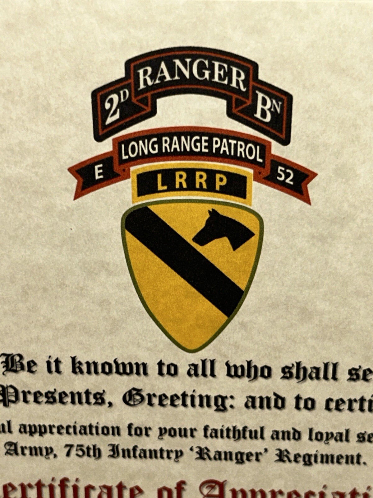 U.S. ARMY 75 RANGERS – 2BN E-52 LRRP – 1ST CAV DIV / CERTIFICATE OF APPRECIATION