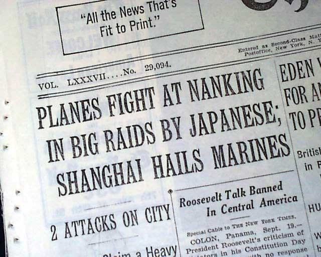 NANJING Nanking China Bombing by Japanese Airplane Raiders Attack 1937 Newspaper