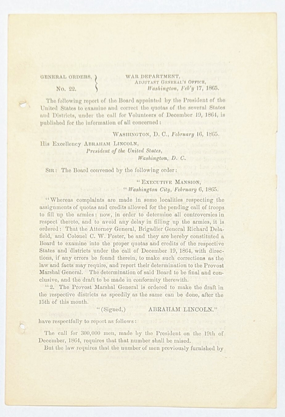 Feb 17, 1865 Gen Orders No 22 – President Lincoln’s Call for 300,000 Men