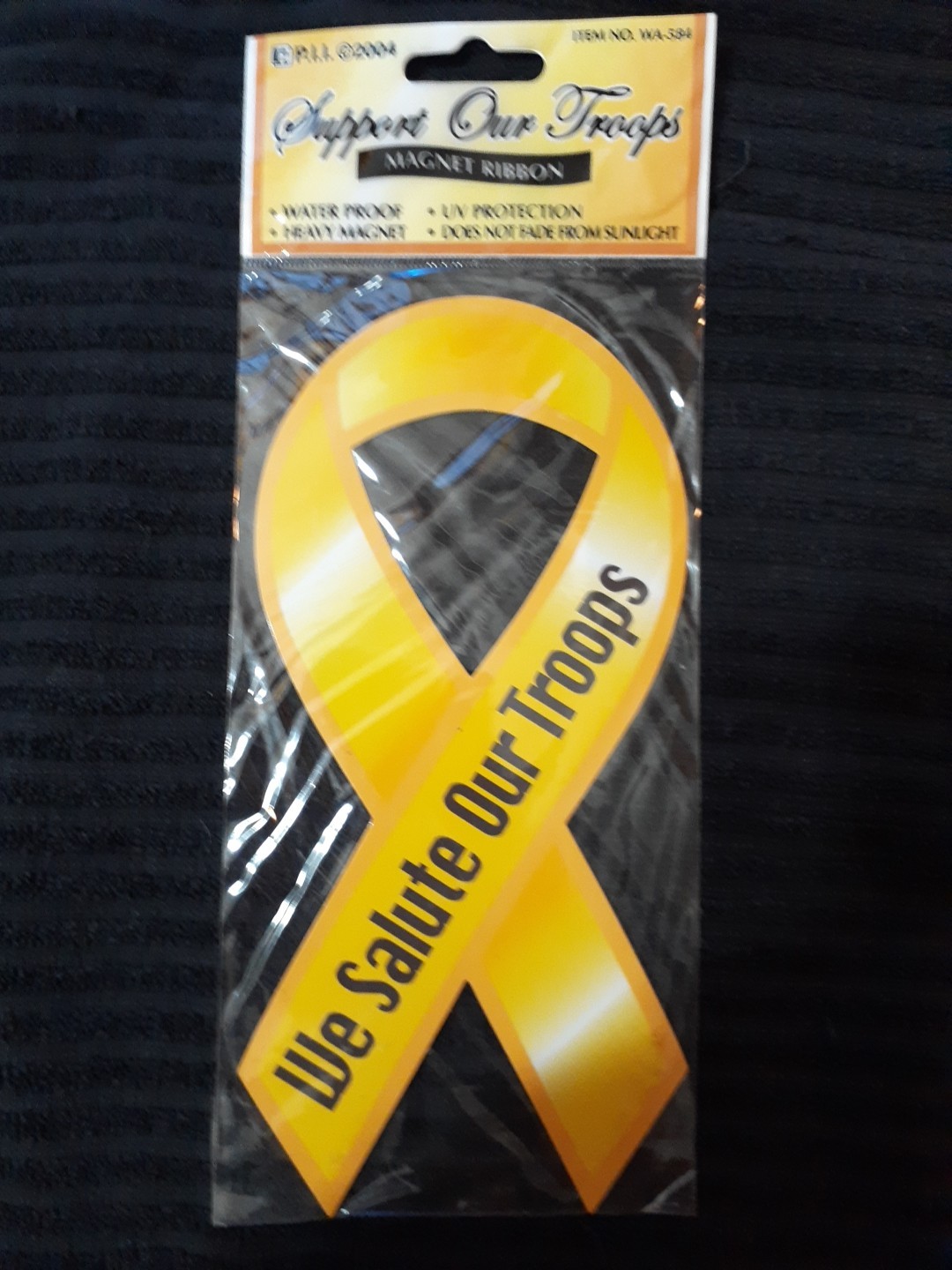 Vintage We Salute Our Troops Yellow Ribbon Car Magnet 8″ long Black Print