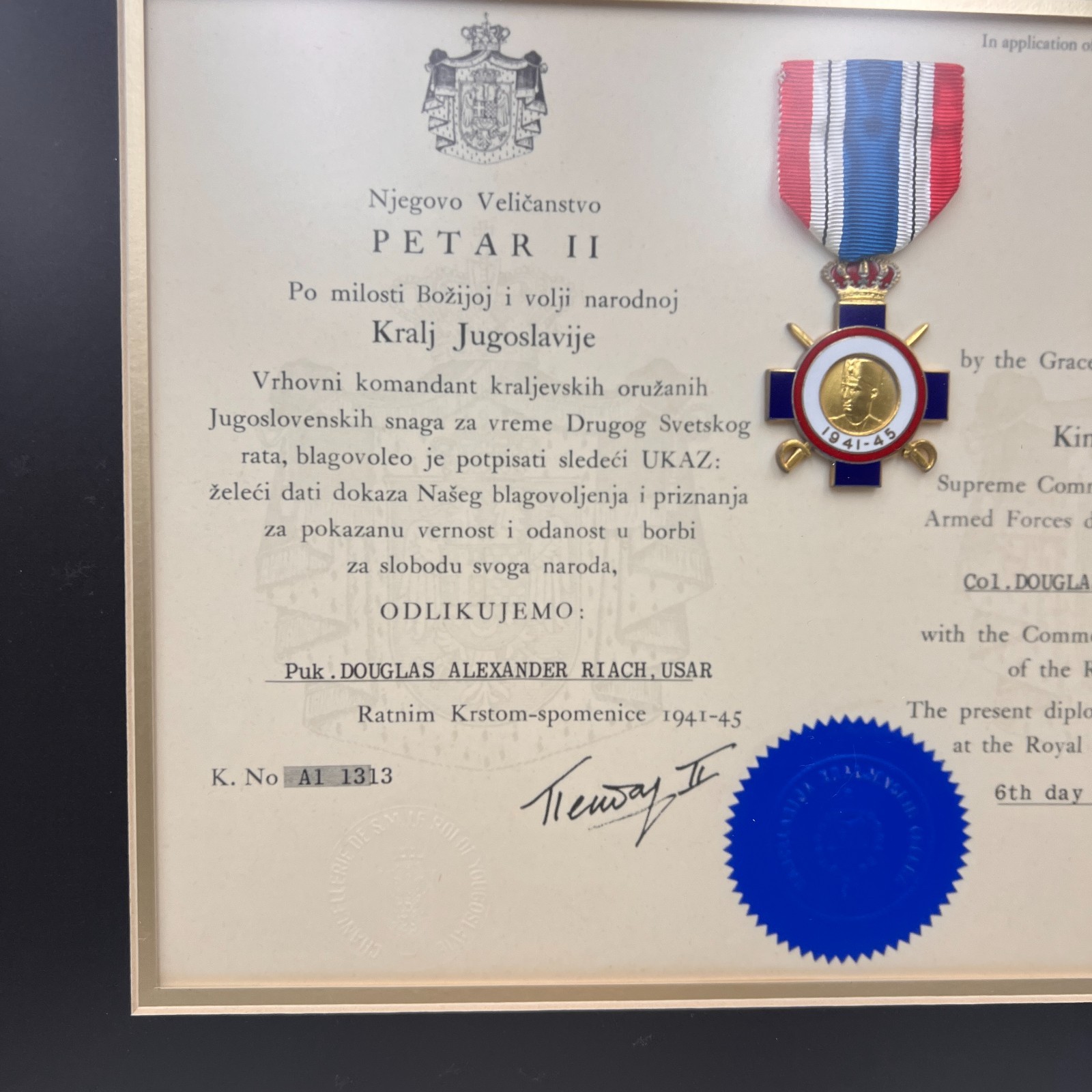 Vintage WWII Yugoslavia Serbia War Cross Medal & Diploma SIGNED PETAR II FRAMED
