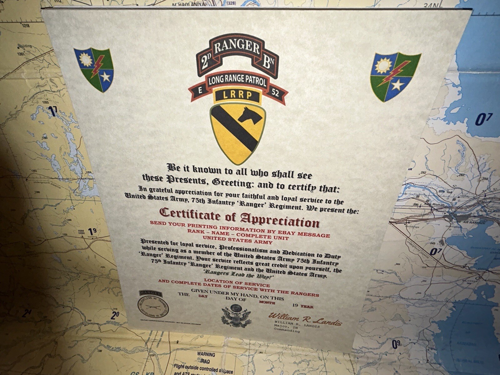 U.S. ARMY 75 RANGERS – 2BN E-52 LRRP – 1ST CAV DIV / CERTIFICATE OF APPRECIATION