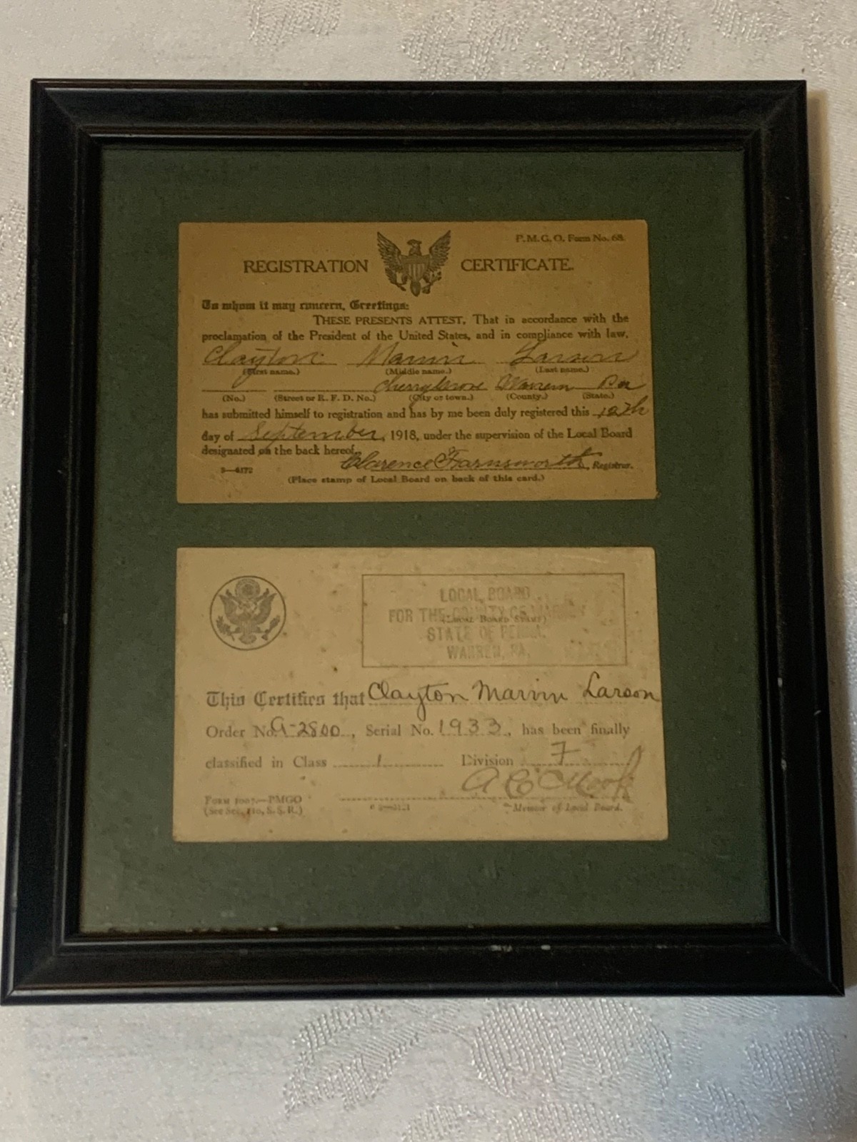 WWI 1918 Draft Registration & Final Classification Certificate Framed Original
