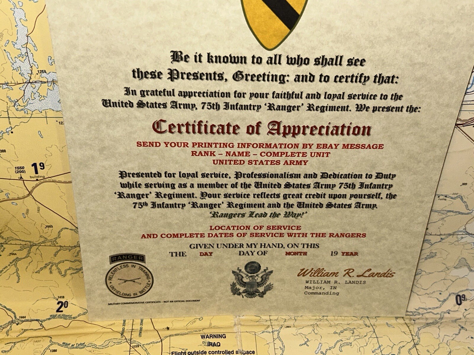 U.S. ARMY 75 RANGERS – 2BN E-52 LRRP – 1ST CAV DIV / CERTIFICATE OF APPRECIATION