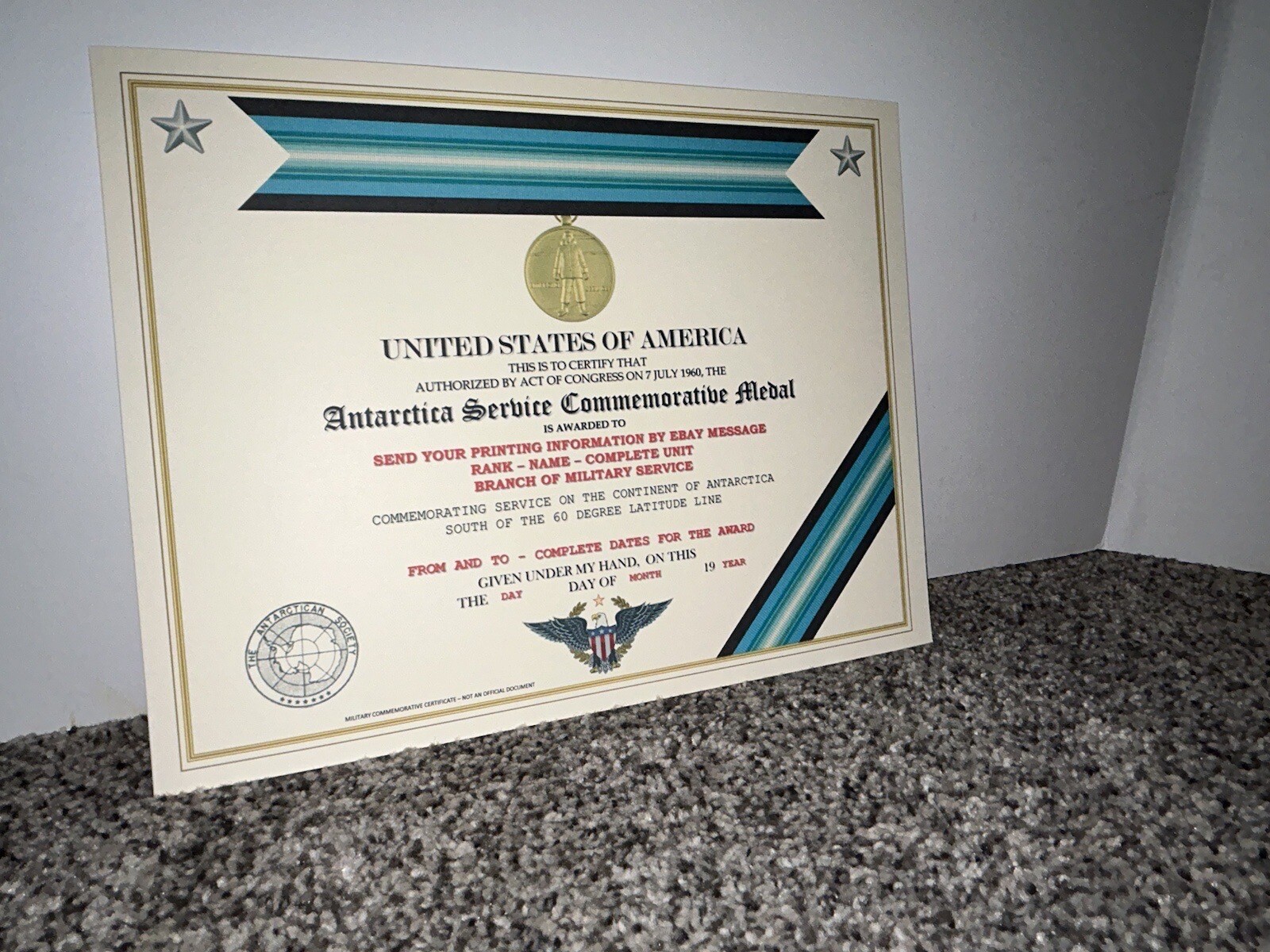 ANTARCTICA SERVICE MEDAL COMMEMORATIVE CERTIFICATE ~ W/PRINTING TYPE-1