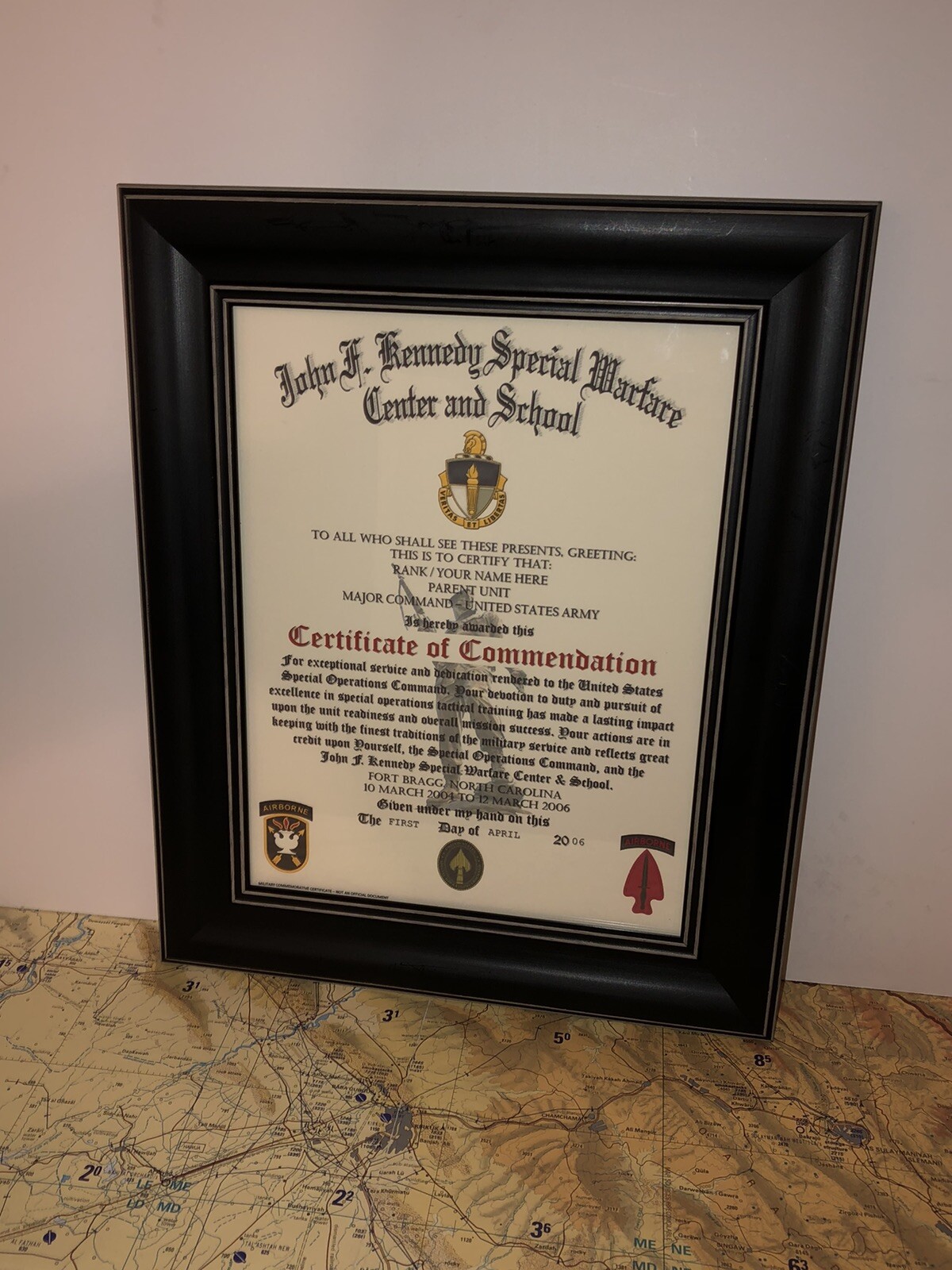J.F.K. / SPECIAL FORCES/WARFARE ~ CERTIFICATE OF COMMENDATION (COMMEMORATIVE)