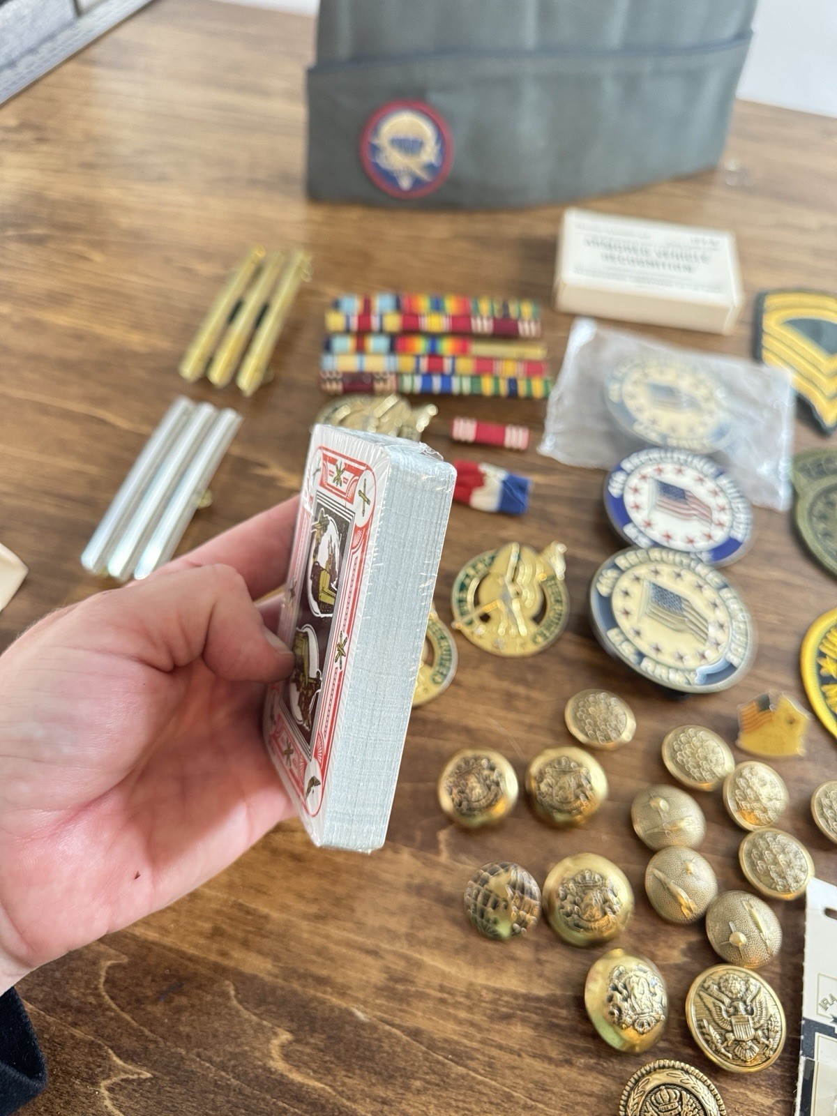 Unknown Lot of Vintage Military Patches, Hats, medal pin backs