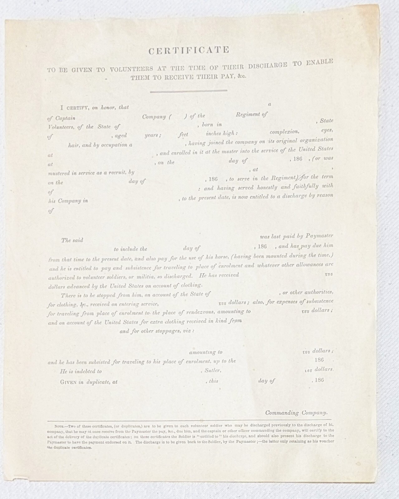 1860’s Civil War Unused Volunteer Discharge Pay Certificate