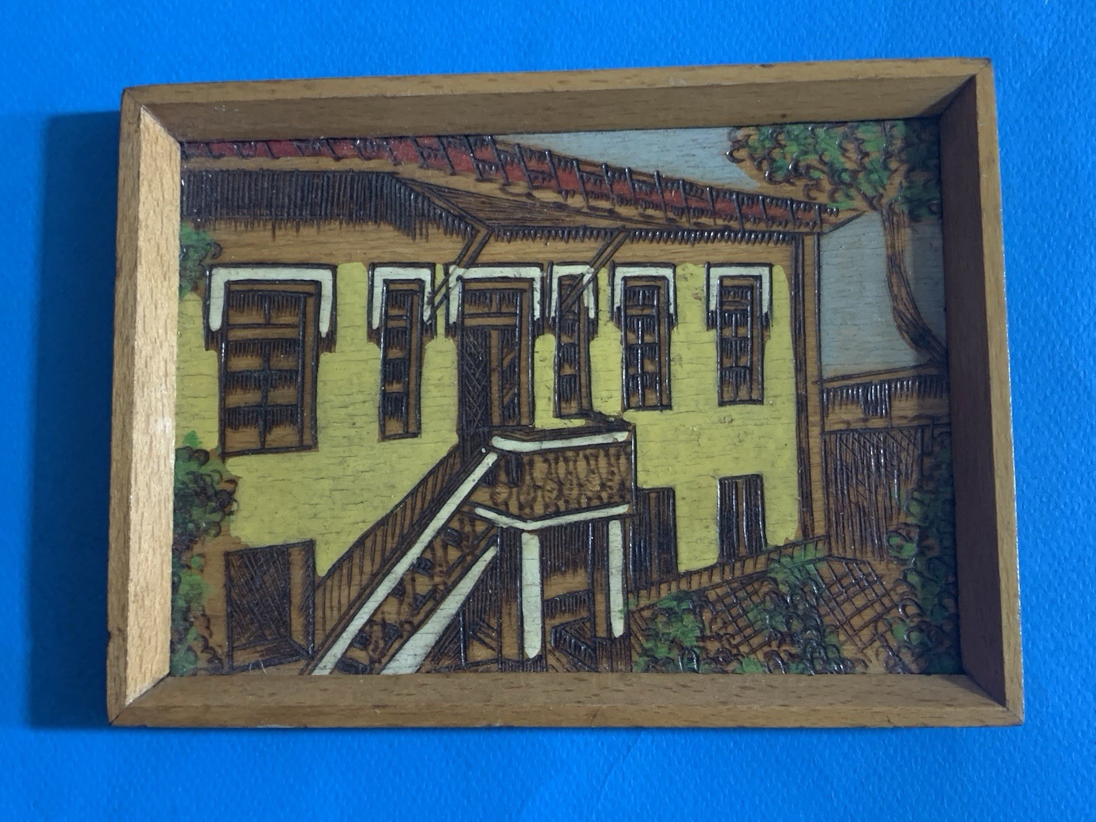 OLD ENVER HOXHA MUSEUM HOUSE OF THE PARTY WOOD PIROGRAPHY FRAME-HANDMADE-1960-RR