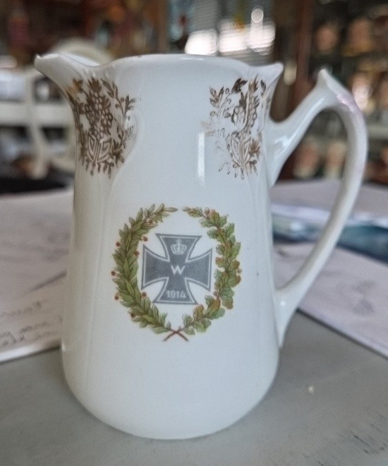 WWI German 1914 Patriotic Ceramic Creamer Small Milk Jug Iron Cross Oak Leaves