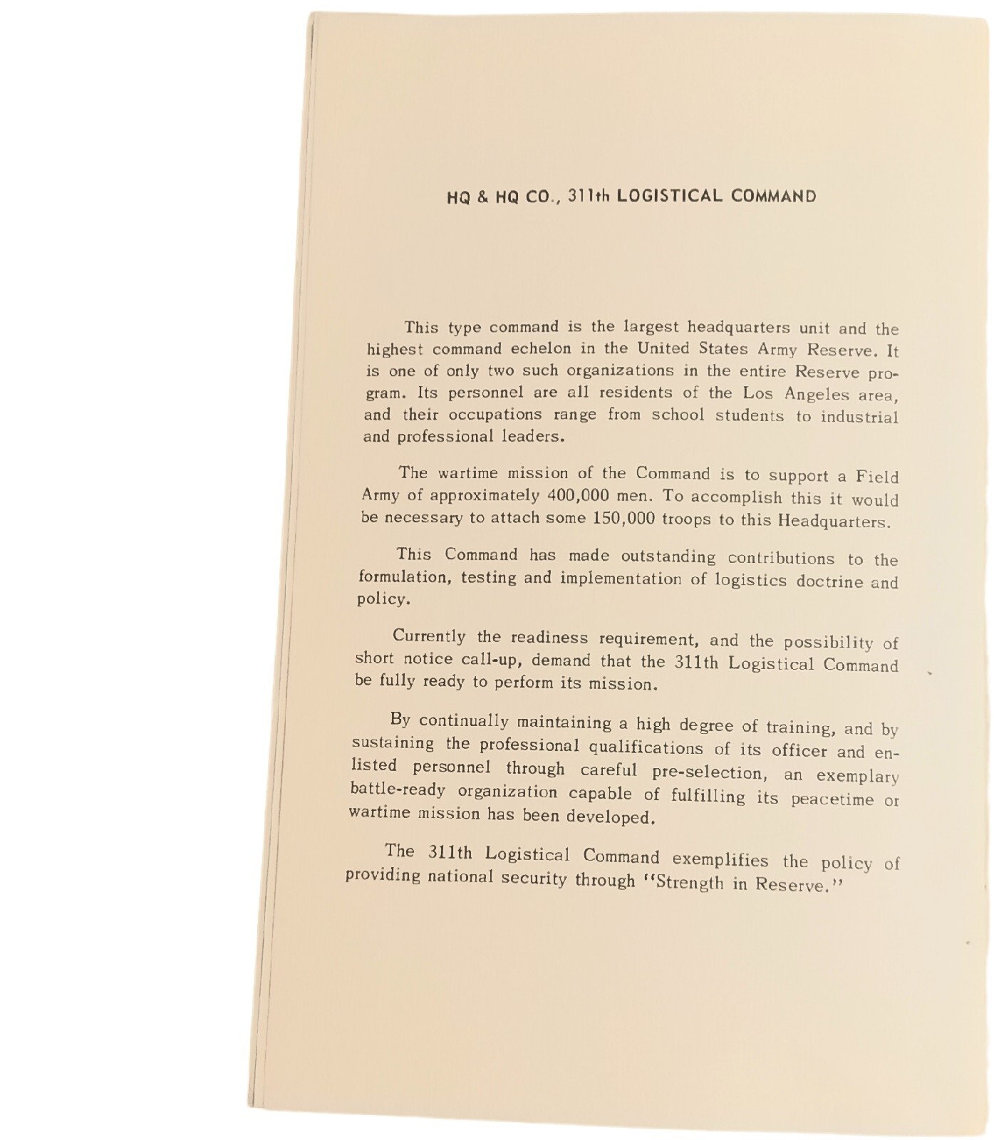 1966 US Army Reserve 311th Logistical Command Annual Dinner Dance Program