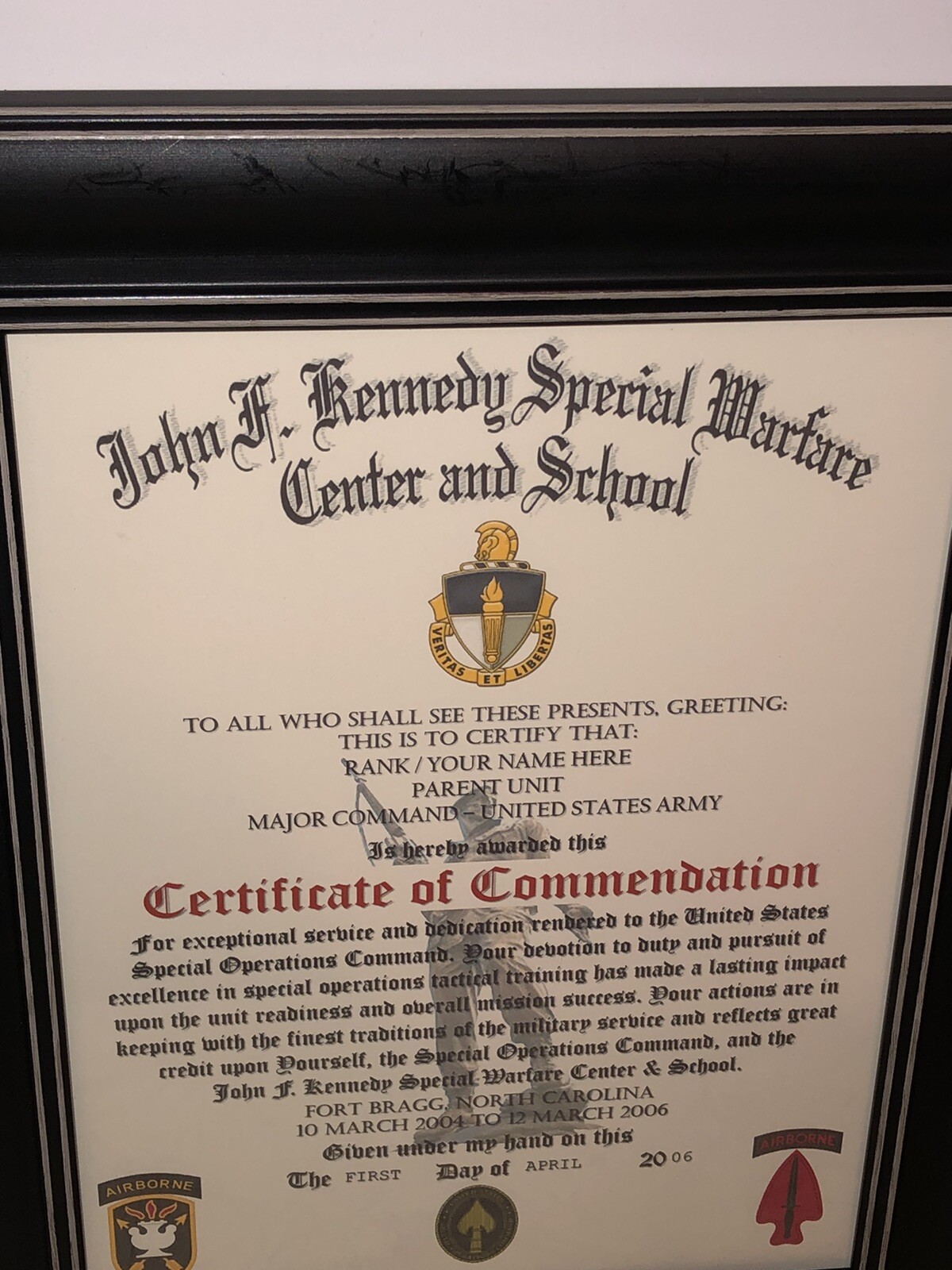 J.F.K. / SPECIAL FORCES/WARFARE ~ CERTIFICATE OF COMMENDATION (COMMEMORATIVE)