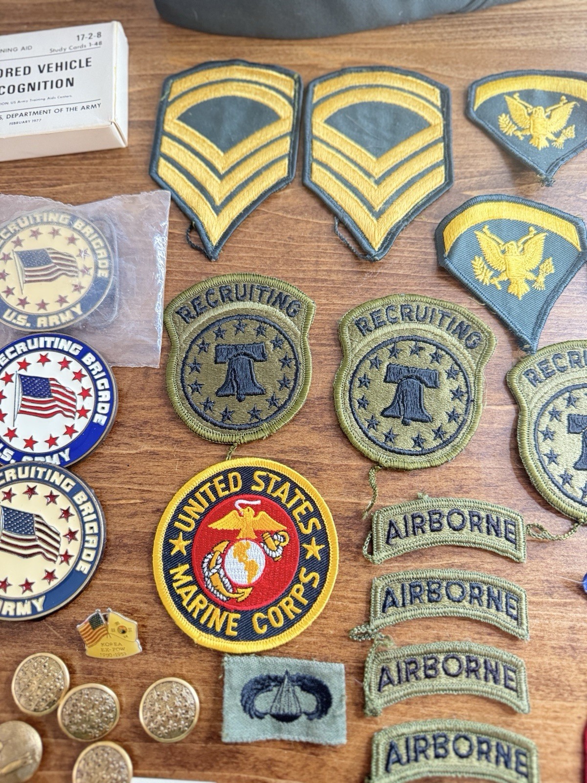 Unknown Lot of Vintage Military Patches, Hats, medal pin backs