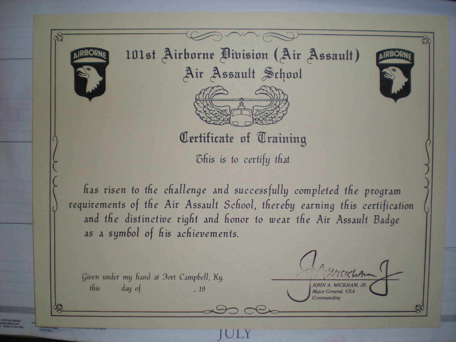 FACSIMILE 1970’S 101ST AIRBORNE DIVISION AIR ASSAULT CERTIFICATE