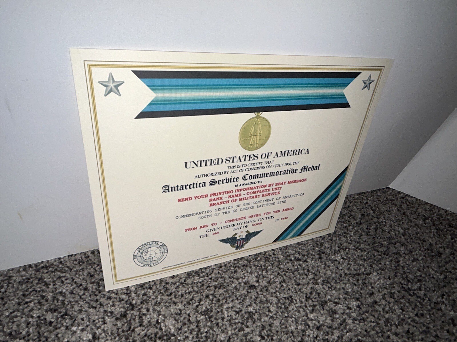 ANTARCTICA SERVICE MEDAL COMMEMORATIVE CERTIFICATE ~ W/PRINTING TYPE-1