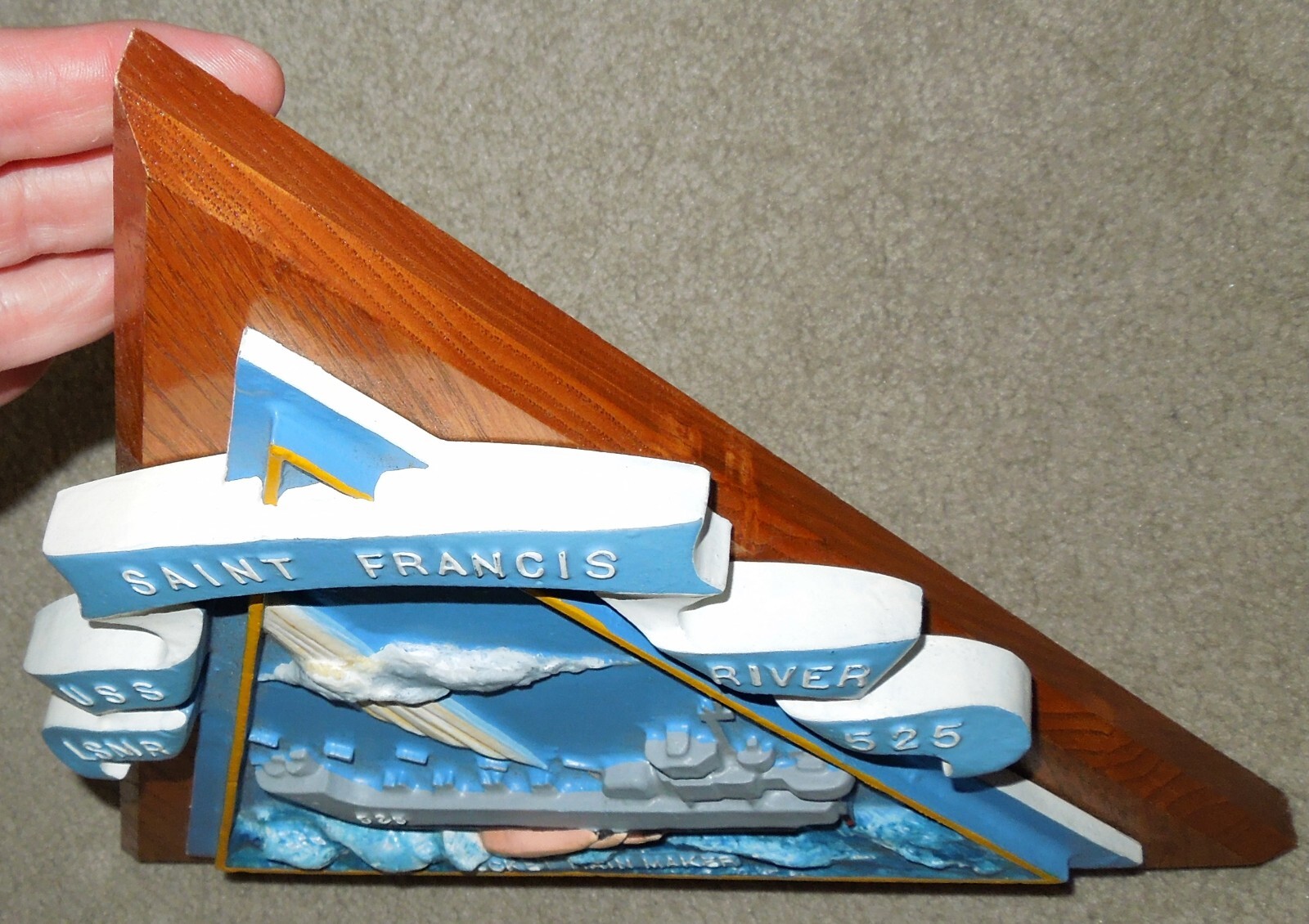 USS St. Francis River LSMR-525 Hand-painted Metal Plaque on Triangular Wood Base