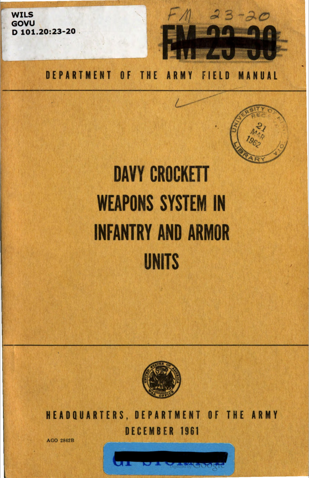 196 Page 1961 FM 23-20 DAVY CROCKETT WEAPON Infantry Nuclear Manual on Data CD