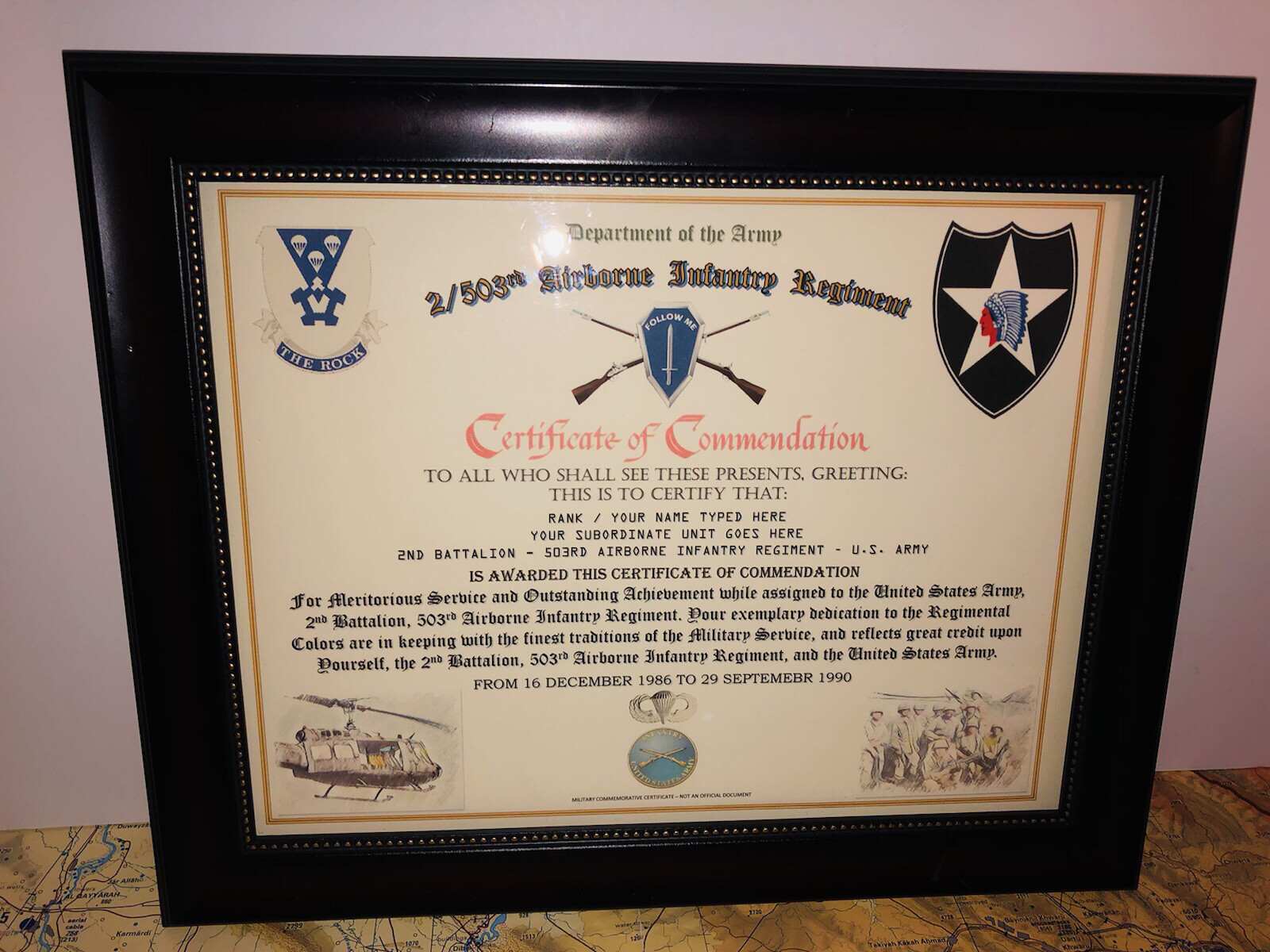 2/503RD AIRBORNE INFANTRY REGT 2ID / COMMEMORATIVE – CERTIFICATE OF COMMENDATION