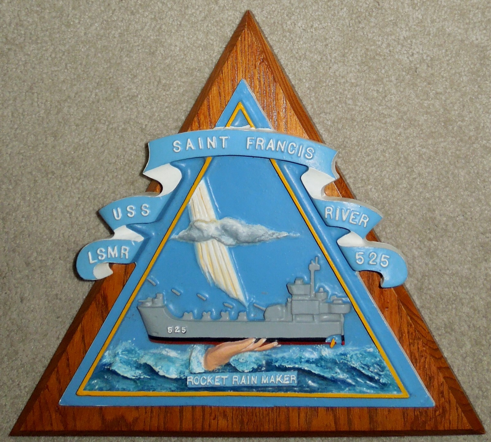 USS St. Francis River LSMR-525 Hand-painted Metal Plaque on Triangular Wood Base