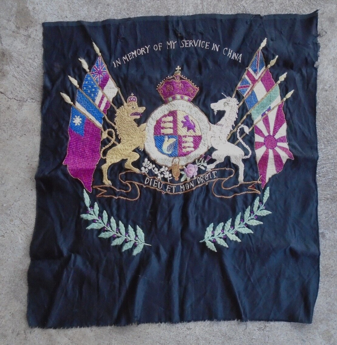 In Memory of My Service in China banner, British coats of arms, US & other flags