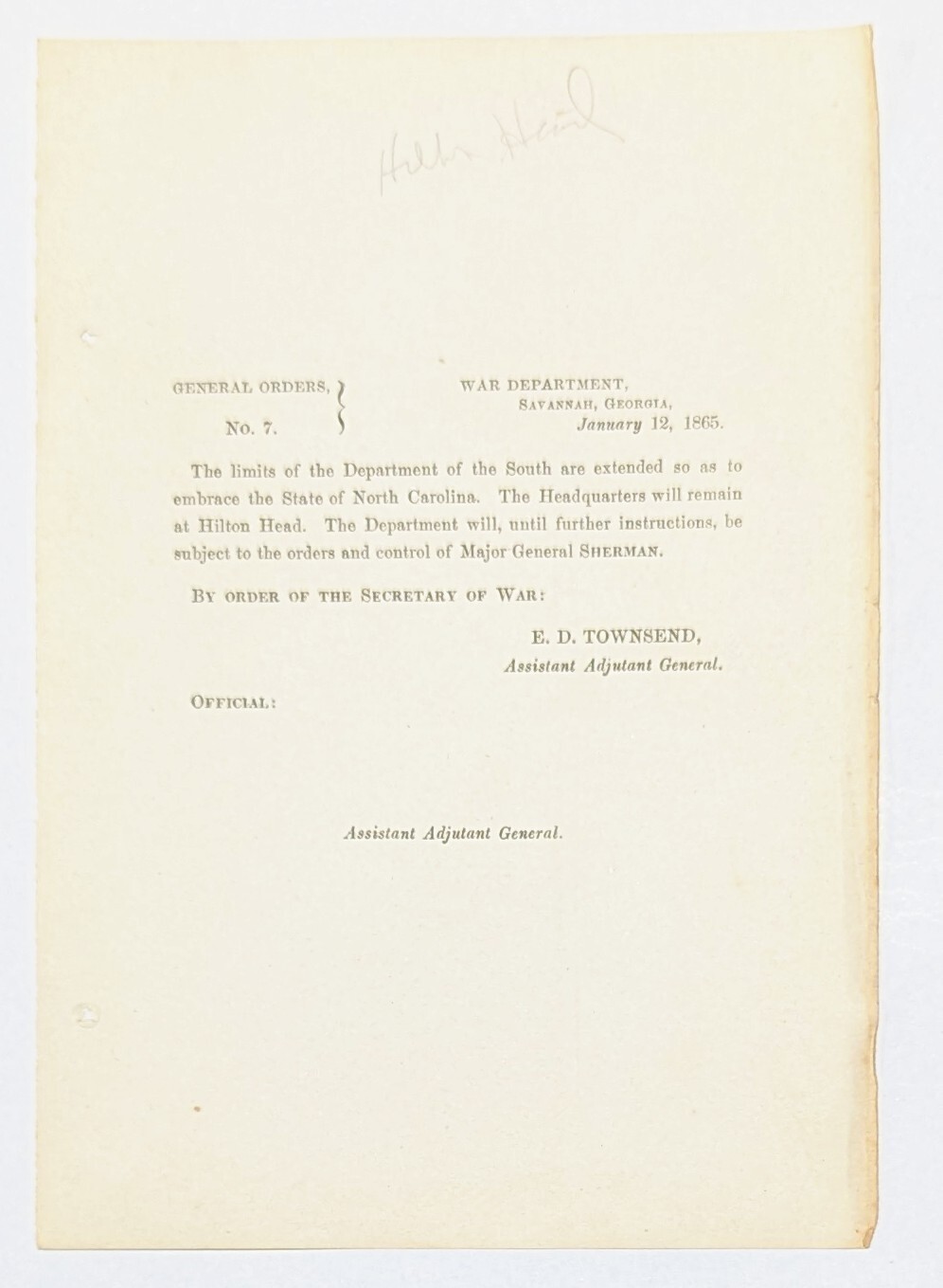 Jan 12, 1865 Gen Orders No 7 – Change of State Limits & Maj Gen P H Sheridan