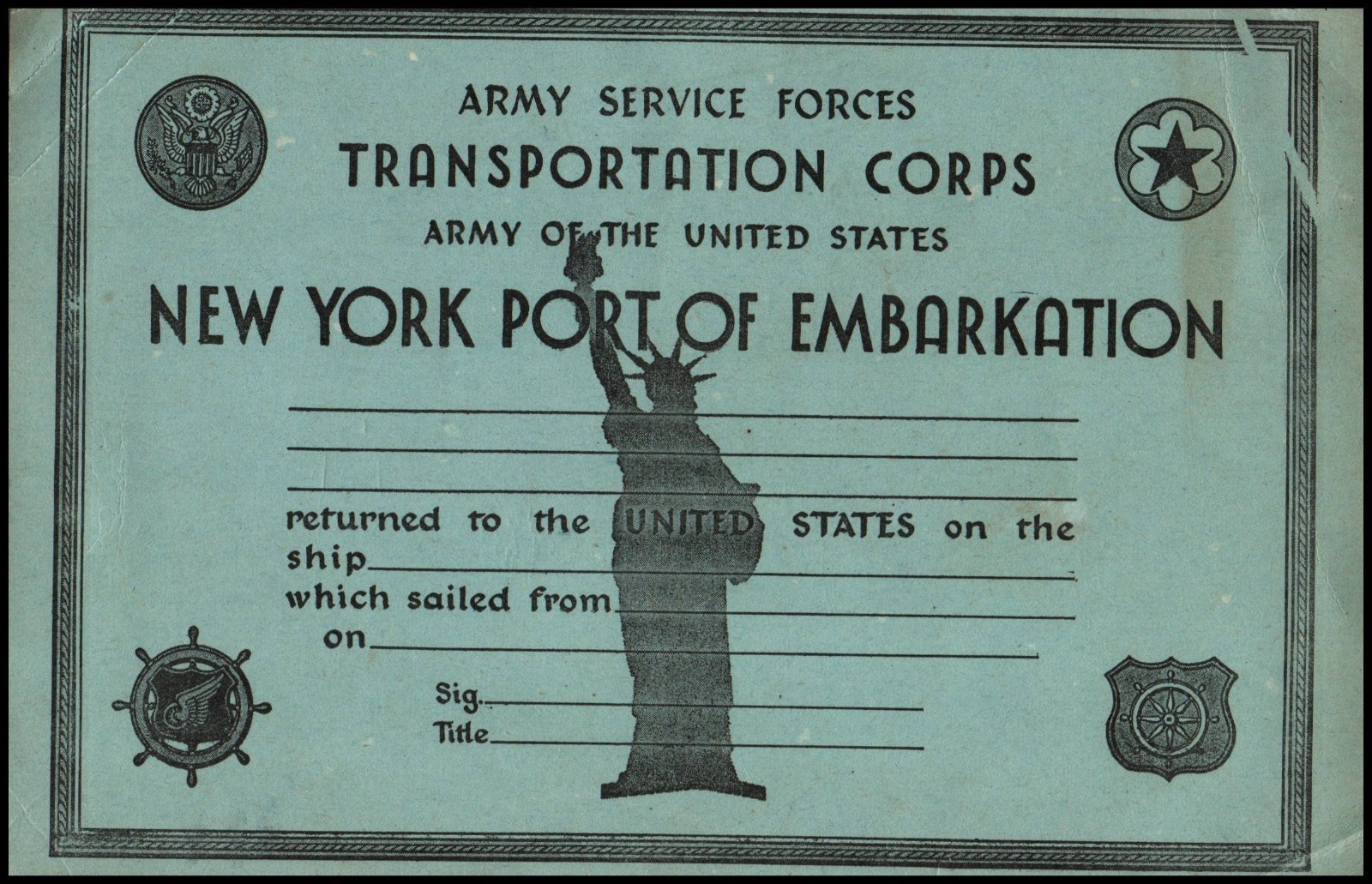 WWII US New York Port of Embarkation Certificate, Mint Unused