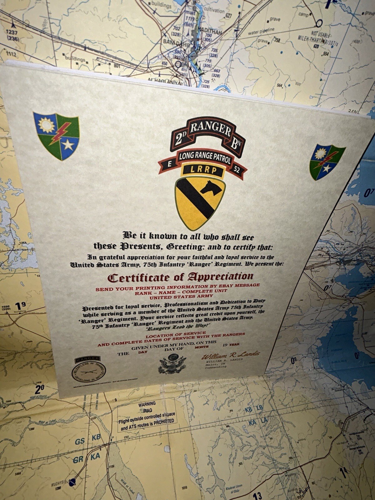 U.S. ARMY 75 RANGERS – 2BN E-52 LRRP – 1ST CAV DIV / CERTIFICATE OF APPRECIATION